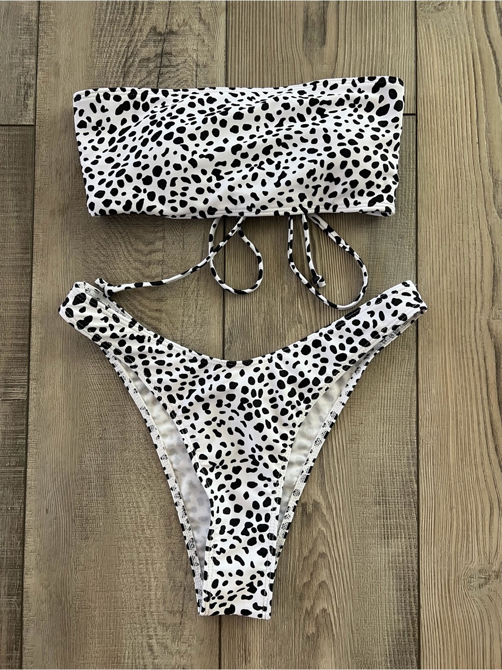 SHEIN Black & White Dalmatian Print Bandeau Bikini Set